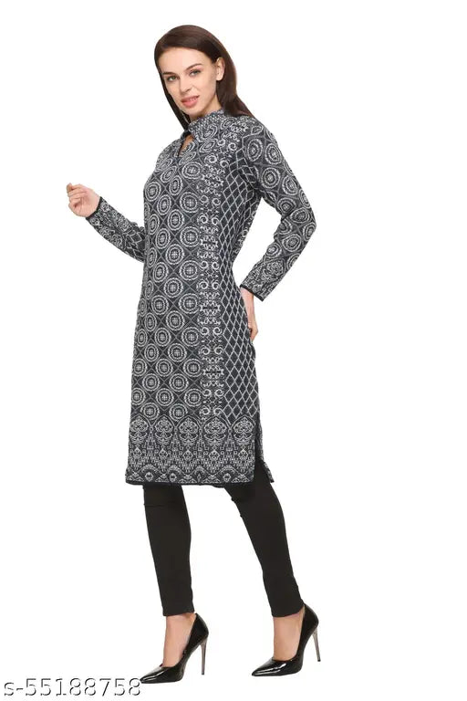 Women's A-line Printed Navy Blue Woollen Kurti