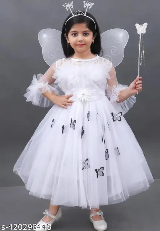 Girls Bell Sleeve Net Fit & Flare Party Dress with hair band , fairy wings and fairy stick (WHITE)