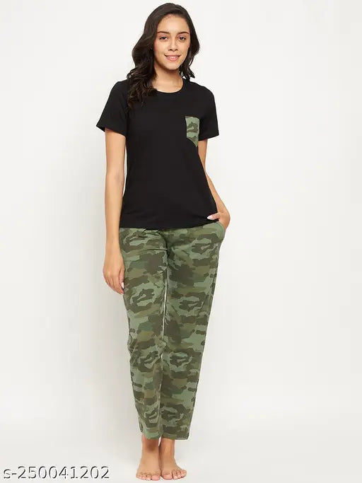 BIG BEAR Women's solid t-shirt & Army print pyjama set in black and camouflage