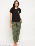 BIG BEAR Women's solid t-shirt & Army print pyjama set in black and camouflage