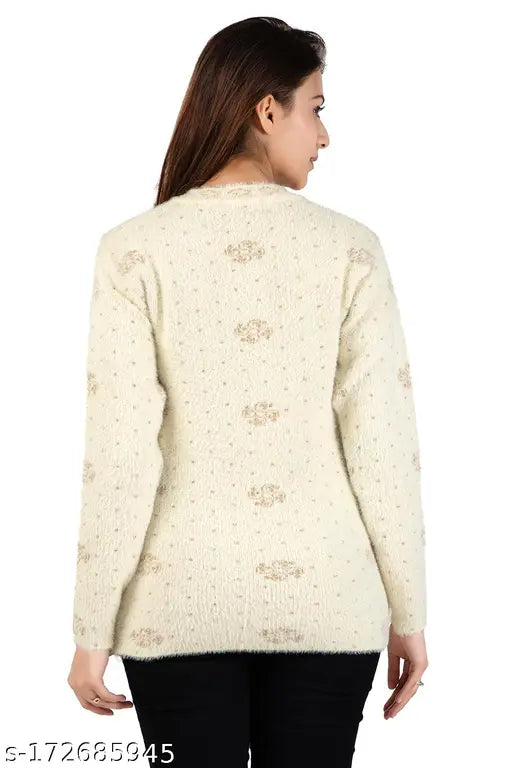 Women Designer rabbit hair White Printed Sweater