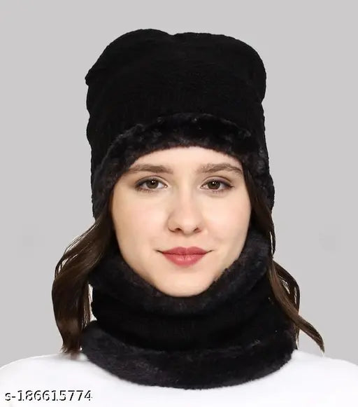 Latest Stylish Women's Girl's Winter Woolen Warm and Snow Proof Soft Beanie Cap and Scarf Set (Fur Inside) Women Winter caps