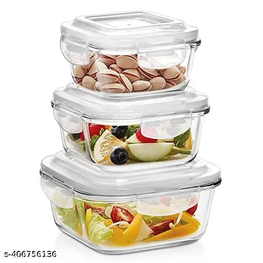 Glass Launch Box Set Of 3 With 400ml, 600ml & 800ml Rectangle Glass Containers With Lids For Food Storage And Break Free Detachable Locks, Oven Safe, Microwave Safe And Freezer Safe - Set Of 3 Rectangle Transparent S