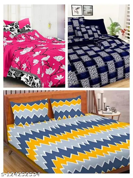 Disha Creations Combo of 3 Double bed King size(90*90) bedsheets with 6 pillow covers