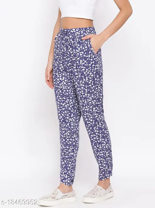 Oxolloxo Floral Print Regular Fit Blue Women Viscose Pant