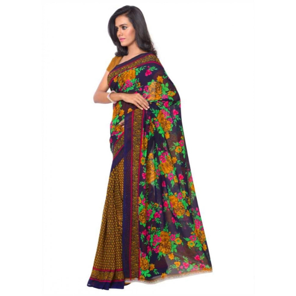 Printed Faux Georgette Gold Color Saree - GillKart