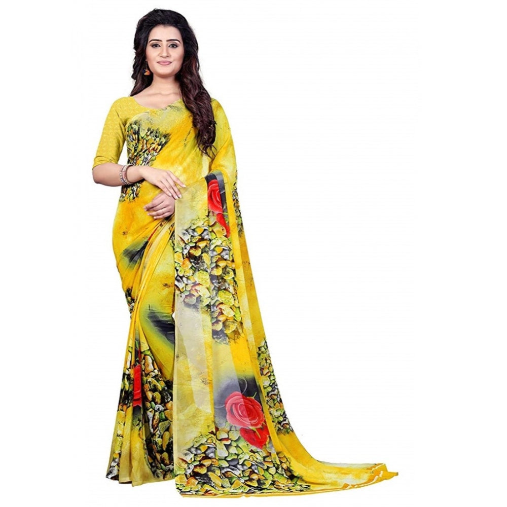 Printed Faux Georgette Yellow Color Saree - GillKart