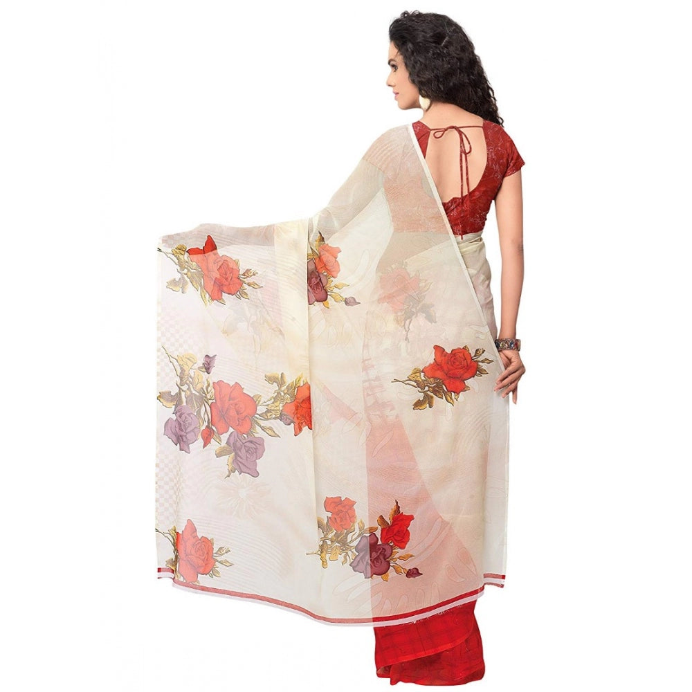 Printed Faux Georgette Red Color Saree - GillKart