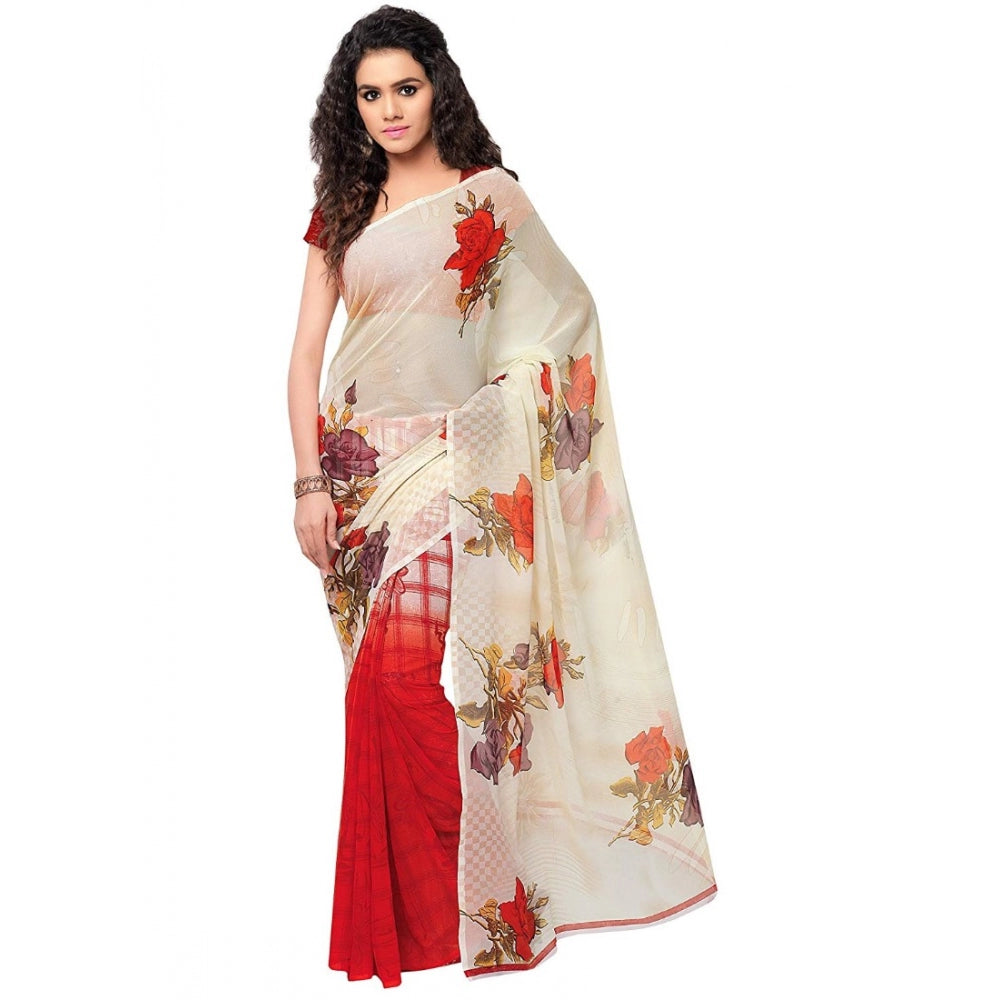 Printed Faux Georgette Red Color Saree - GillKart