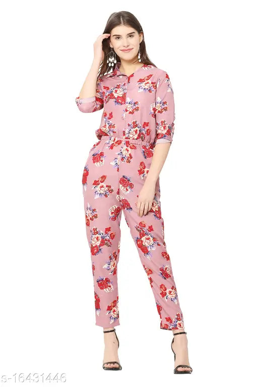 Avyanna Stylish Lite Purple Color Floral Print Crepe Jumpsuit For Women's & Girls