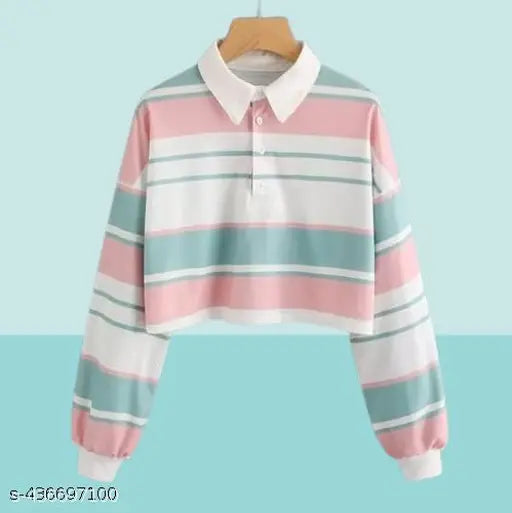 Korean Pastel Perfection: Striped Long-Sleeve Polo Collared T-shirt with Button-Up Front