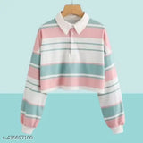 Korean Pastel Perfection: Striped Long-Sleeve Polo Collared T-shirt with Button-Up Front