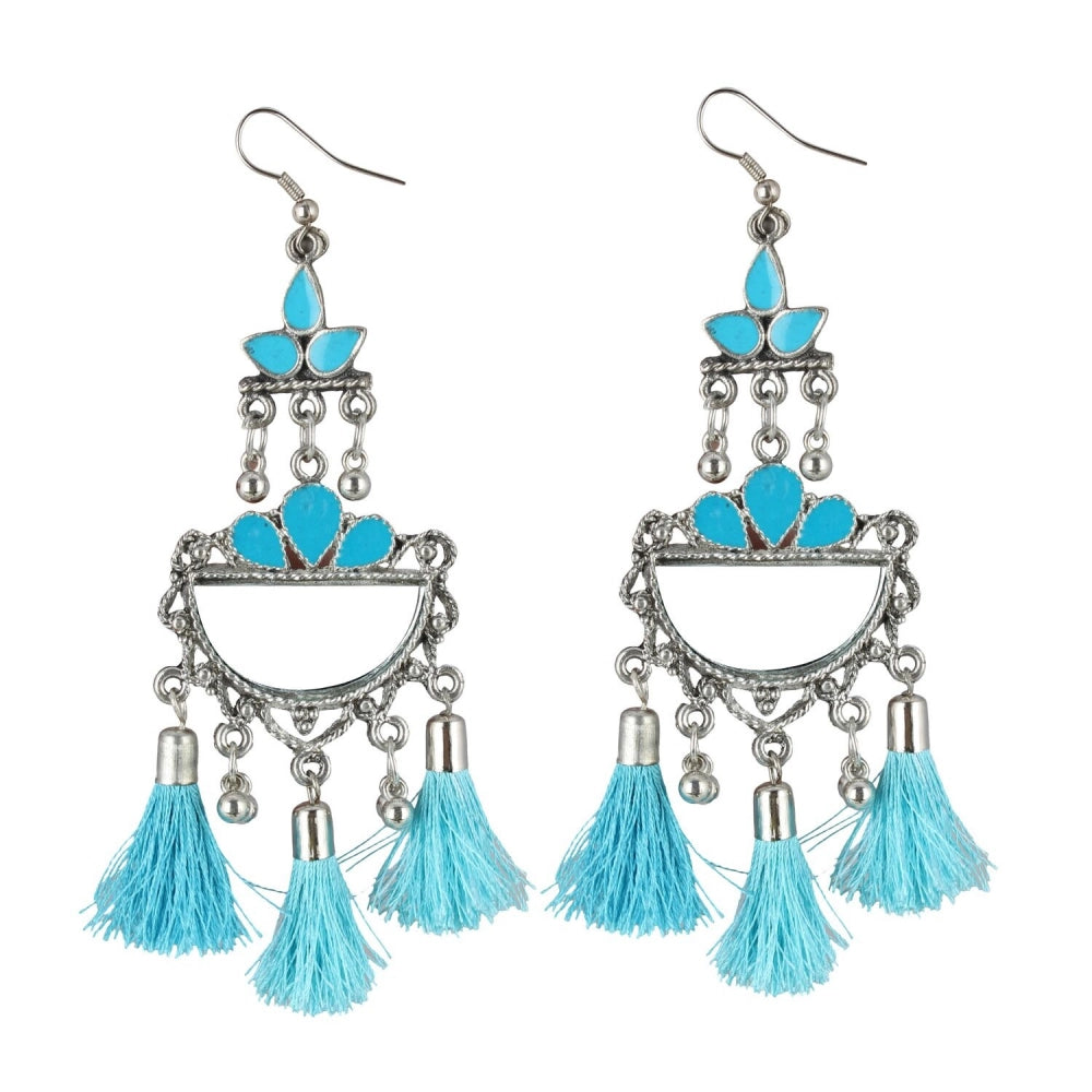 Women's Oxidized Silver plated Firoji Tassels Earrings-silver, Blue - GillKart