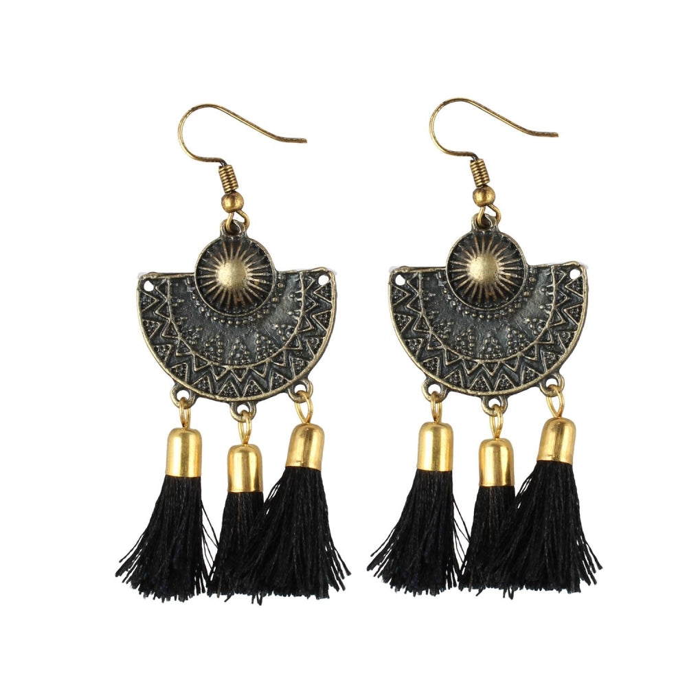 Women's Gold Plated Tassel Fashion Earrings-Black - GillKart