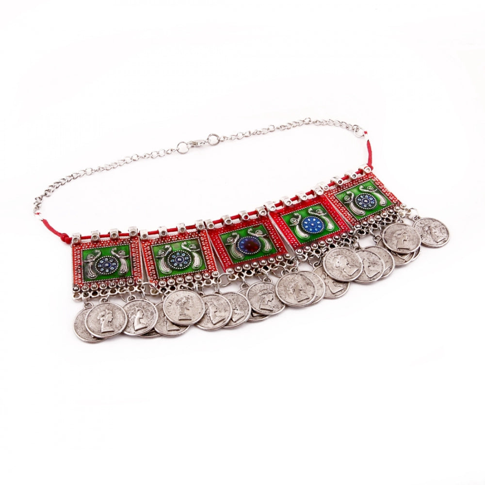 Oxidised Silver Plated Meena Work Choker Necklace - GillKart