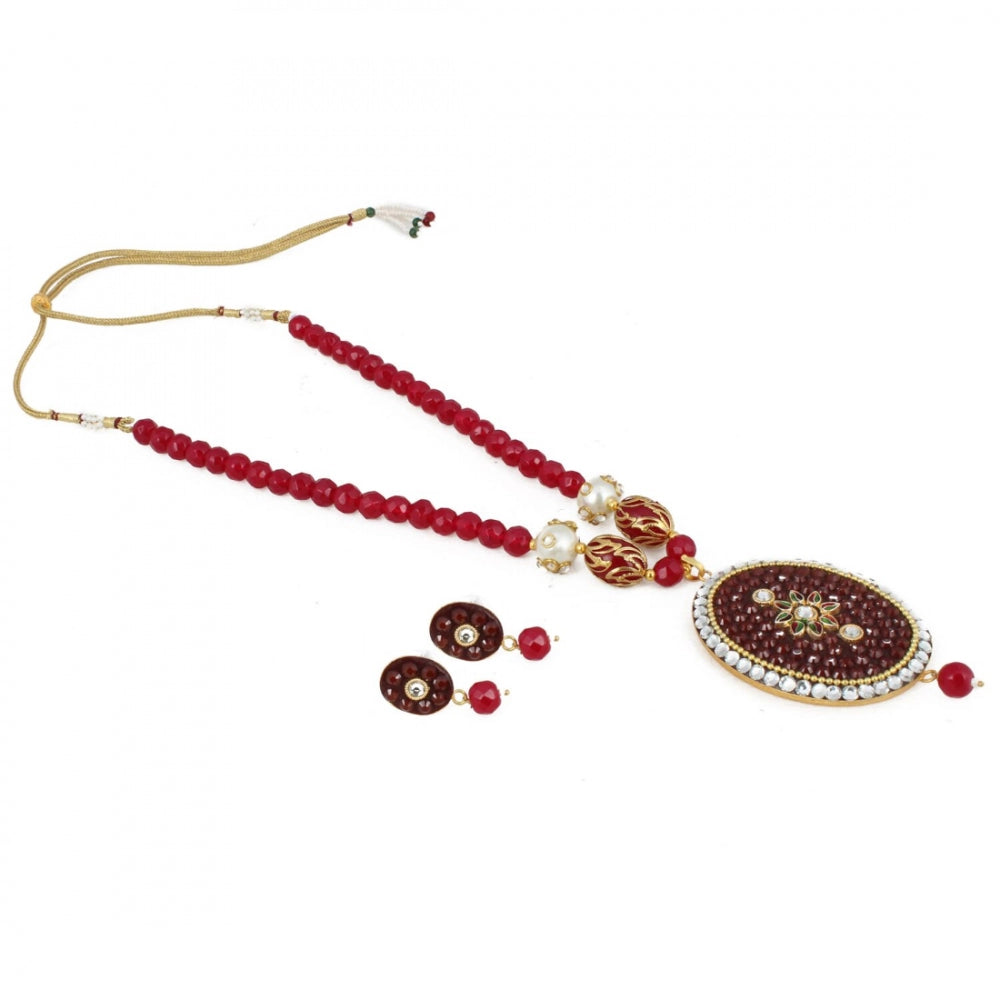 Stylish Maroon Golde Plated Traditional Kundan Necklace Set with Earrings - GillKart