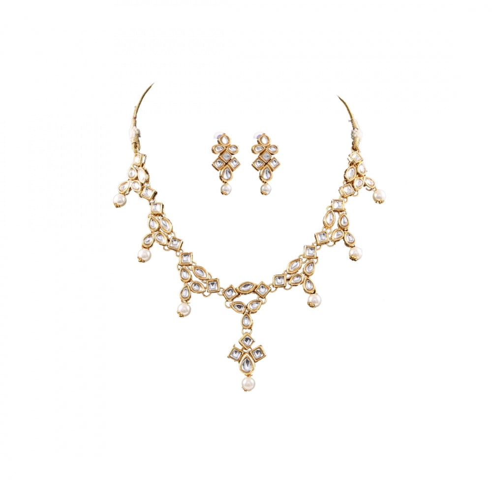 Designer Pearl Gold Plated Kundan Necklace Set - GillKart