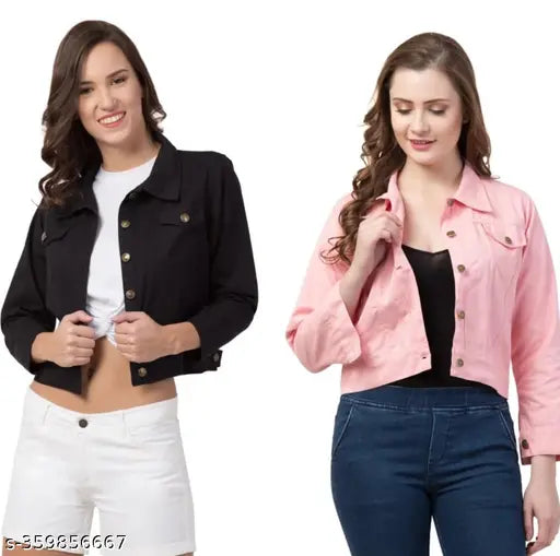 Simran Collections Women's & Girl's Combo Denim Jacket ,Casual ,Solid Full Sleeve Jacket In Color Black::Pink