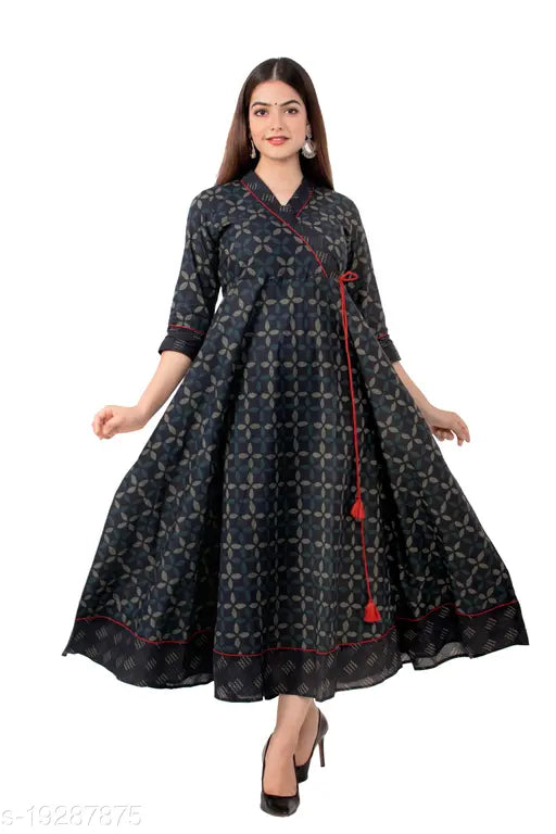 Angiya Women's Cotton Printed Angrakha Kurta (Indigo)