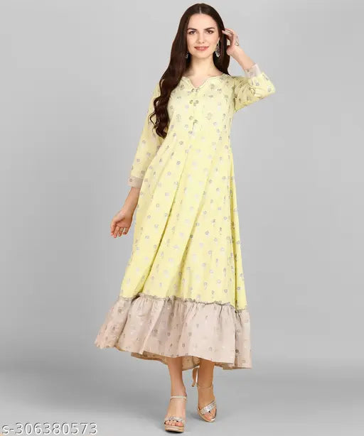 Adhisa Women's Polyester Cotton Printed A-Line Kurta (Light Yellow)