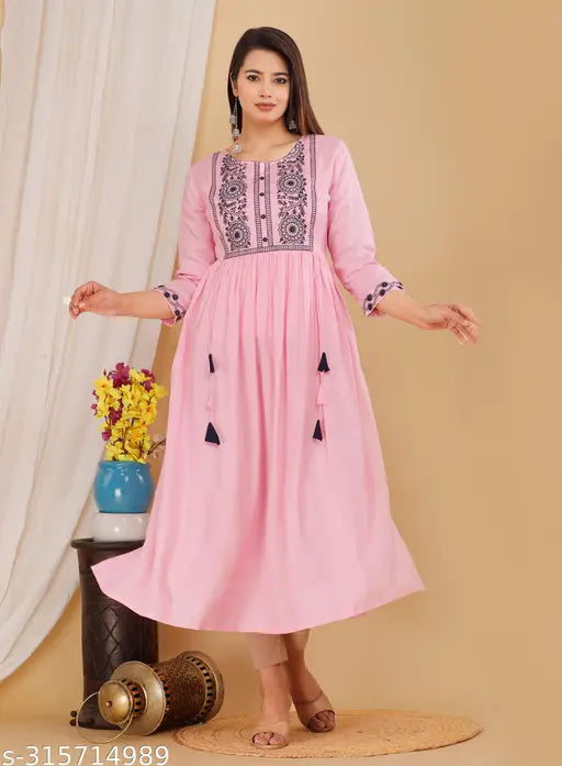 Neerja Fashion Naira Cut Calf Length Embroidery worked Rayon Kurti For Women