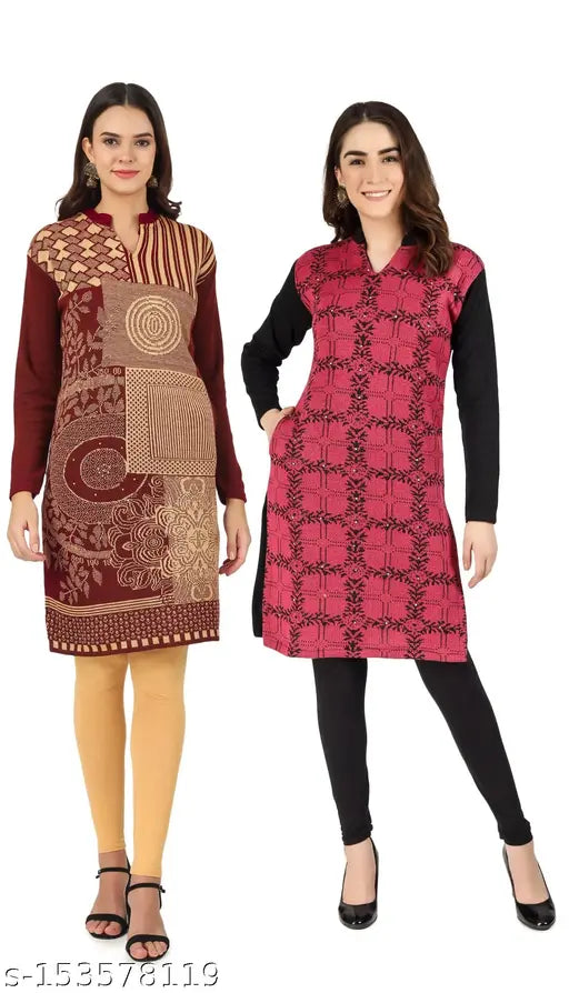 BLUSHH COLLECTION Women's Full Sleeve Pack Of 2 Woolen Straight Kurta(COMBO OFFER)