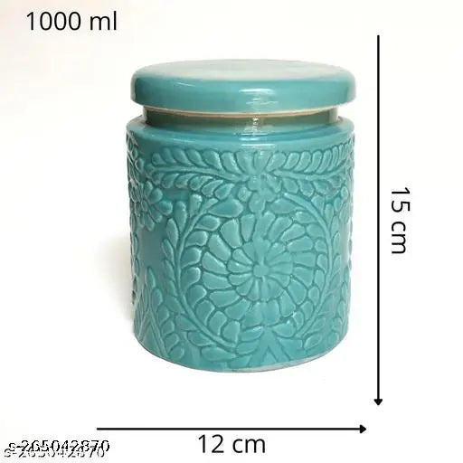 Ceramic Floral Jar Green Set | Ceramic Martban | Achar barni 900 ml (Green, Set of 2)