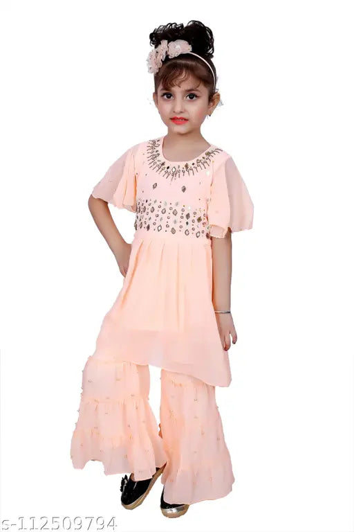 Hariyal Creation Kids Party/Festive Orange Designer Embroidery Kurta and Sharara Suit For Girls