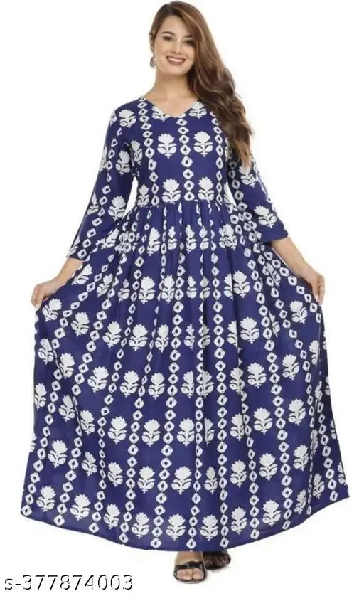 Chaitanya Products New Stylish Rayon Floral Printed Blue Three Quarter Sleeve Anarkali Kurti For Women