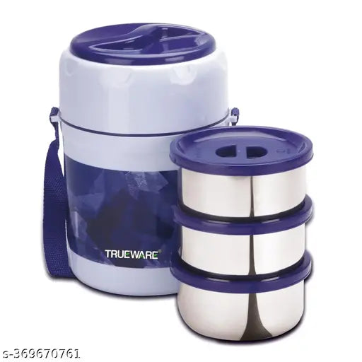 Trueware Fresh Meal Plus 3 Thermoware lunch box with 3 Stainless Steel Contianer-Dark Blue