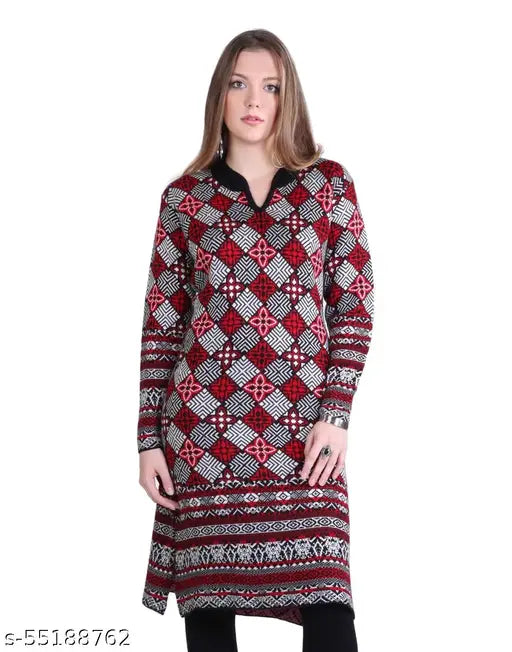 Women's A-line Printed Red Woollen Kurti