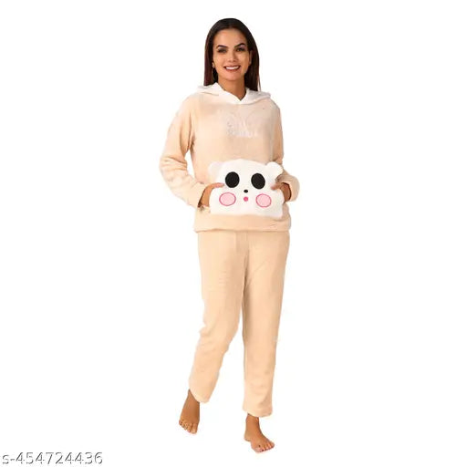 Winter 2PC Night Suit Sets for Women | Pajamas and Hoodie with Panda Printed Pocket | Premium Blanket Fur Fabric Perfect for Winter Sleepwear for Women