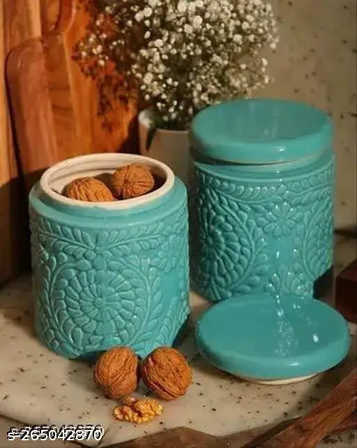 Ceramic Floral Jar Green Set | Ceramic Martban | Achar barni 900 ml (Green, Set of 2)