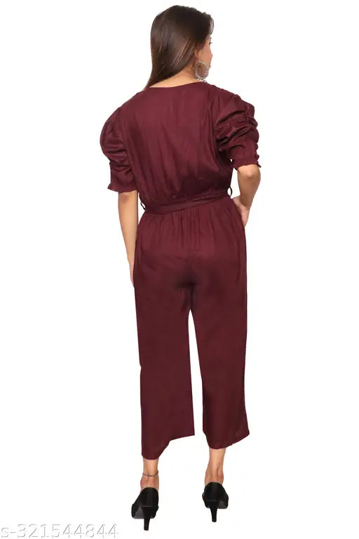 Ladik way: Trendy women Maroon solid long stylish jumpsuit puff sleeves v-neck closure button jumpsuit womens & girls.Elegant one-piece outfit, Modern jumpsuit design, Solid color jumpsuit, Women's party outfit, Fashionable women's and girls jumpsuit.