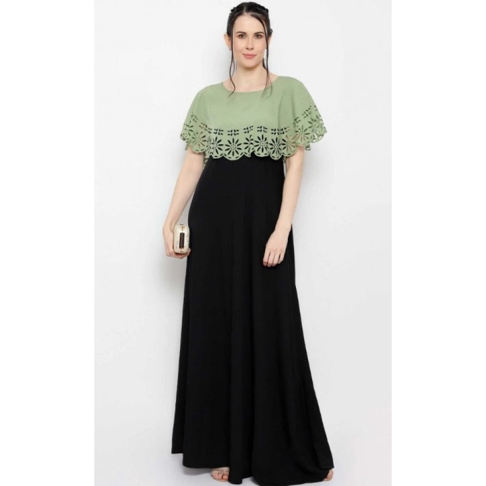 Women's Crepe Solid Sleeveless Full Length Gown(Green Black)