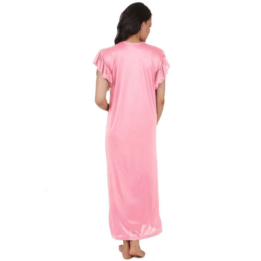 Women's Satin Long Nighty Frill Sleeve(Color: Baby Pink, Neck Type: V Neck) - GillKart