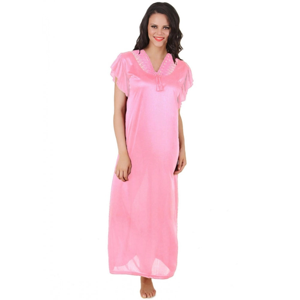 Women's Satin Long Nighty Frill Sleeve(Color: Baby Pink, Neck Type: V Neck) - GillKart