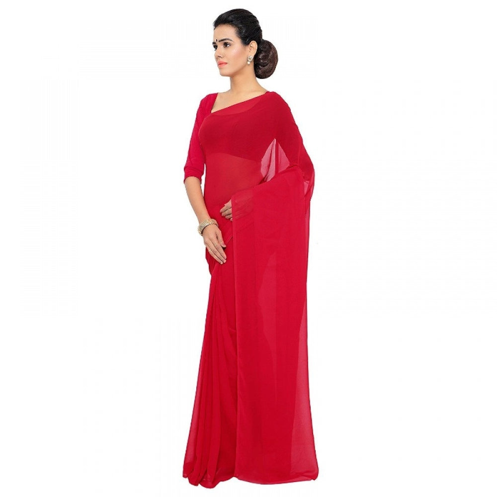 Women's Georgette Plain Saree With Blouse (Red, 5-6 Mtrs) - GillKart