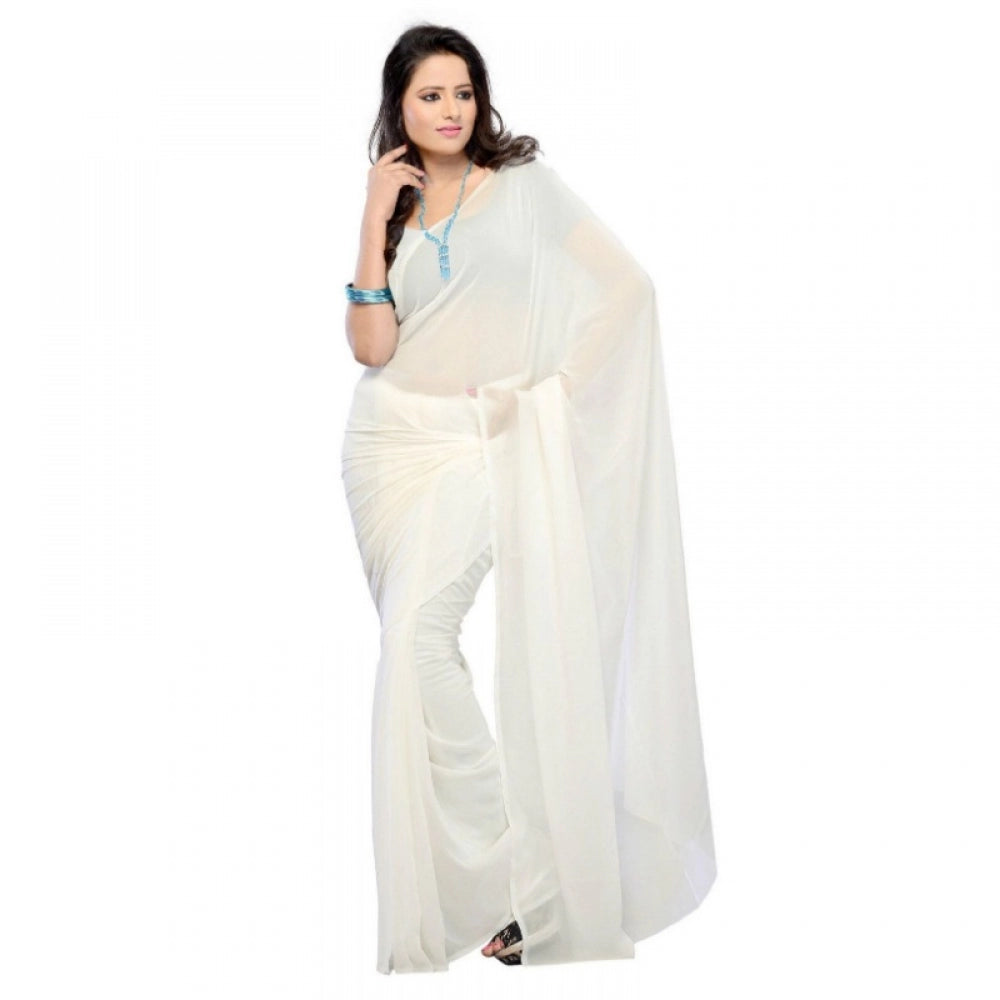 Women's Georgette Plain Saree With Blouse (white, 5-6 Mtrs) - GillKart