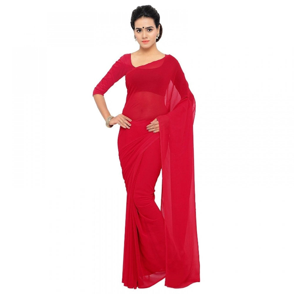 Women's Georgette Plain Saree With Blouse (Red, 5-6 Mtrs) - GillKart