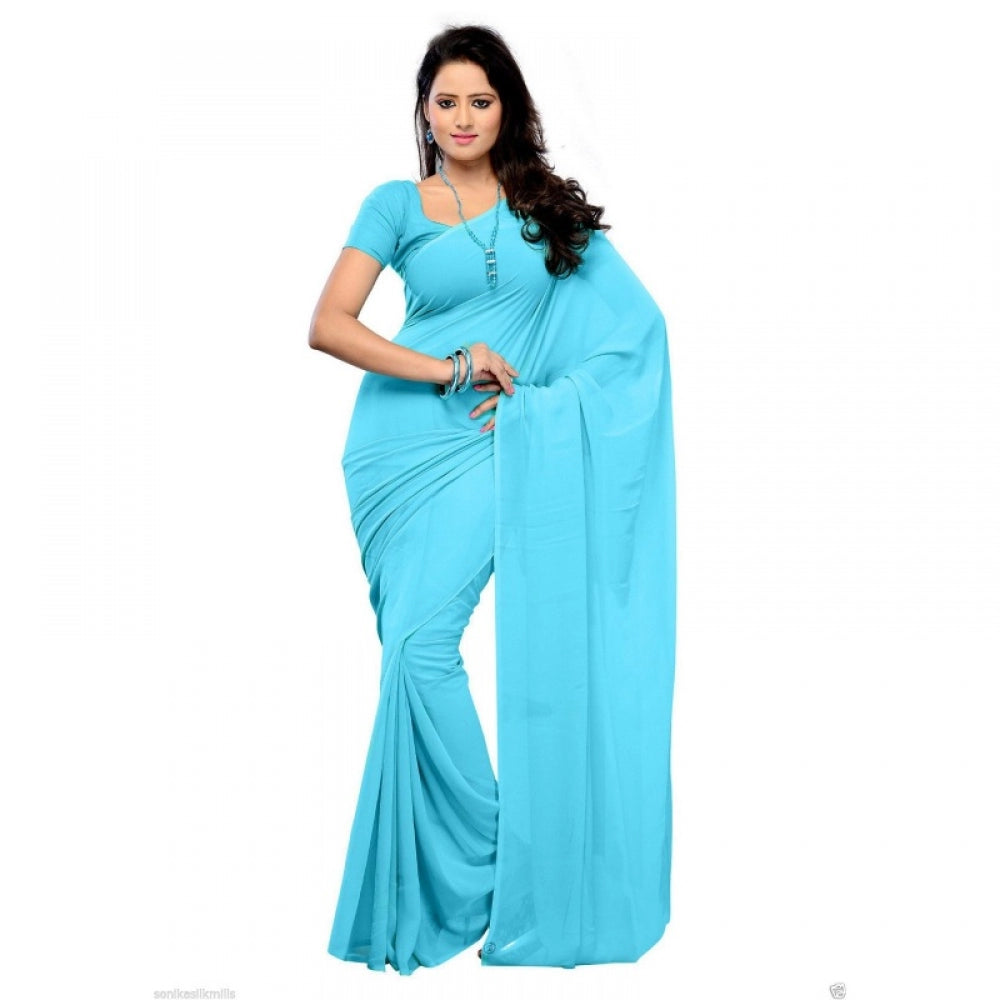 Women's Georgette Plain Saree With Blouse (Sky Blue, 5-6 Mtrs) - GillKart