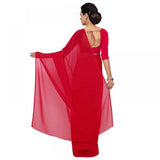 Women's Georgette Plain Saree With Blouse (Red, 5-6 Mtrs) - GillKart