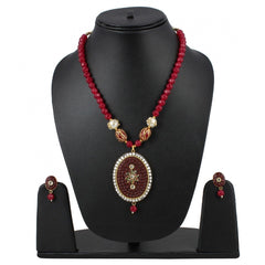 Women's Stylish Maroon Golde Plated Traditional Kundan Necklace Set with Earrings (Color: Red) - GillKart