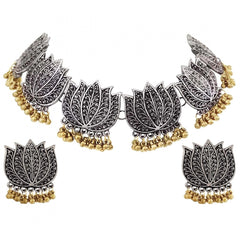 Antique Silver Oxidised Plated Tribal Afghani Necklace With Earrings Set For Women - GillKart