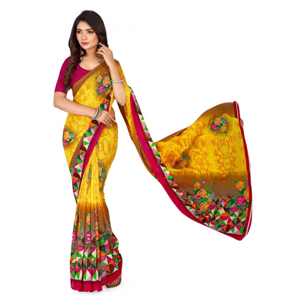 Women's Faux Georgette Saree With Blouse (Yellow, 5-6Mtrs) - GillKart