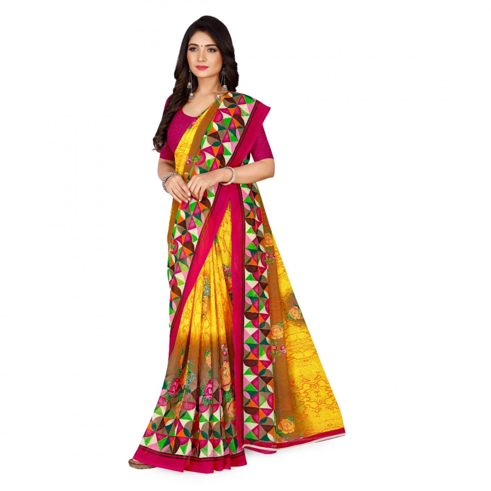 Women's Faux Georgette Saree With Blouse (Yellow, 5-6Mtrs) - GillKart