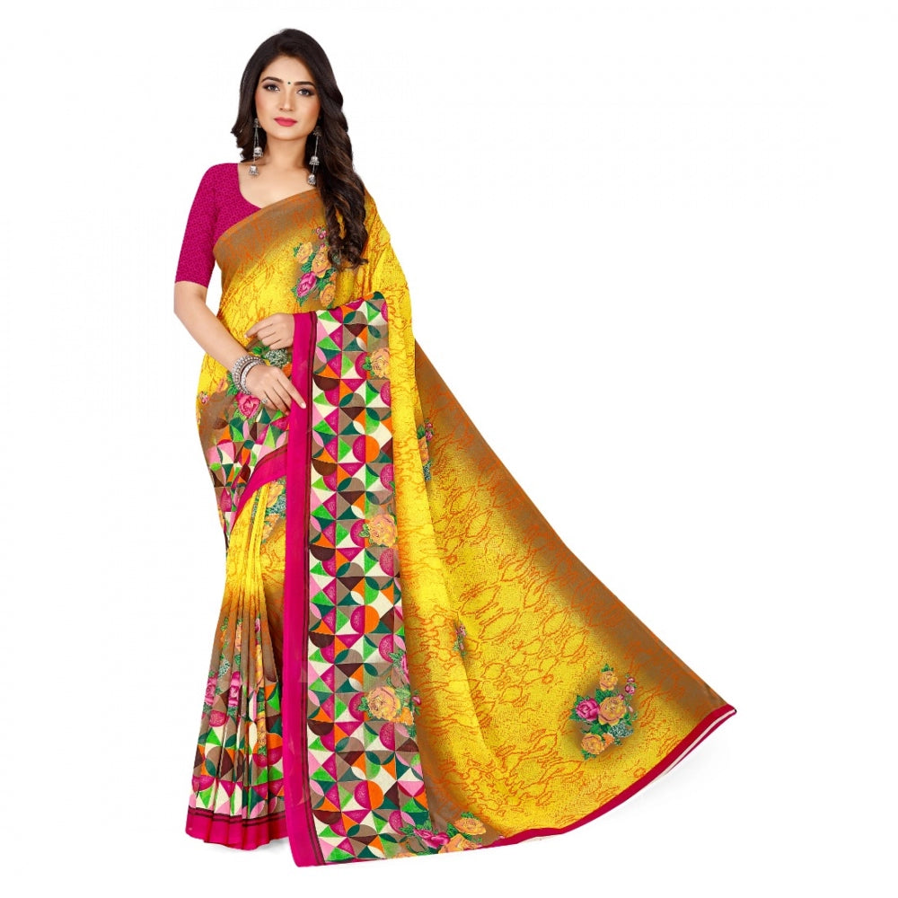 Women's Faux Georgette Saree With Blouse (Yellow, 5-6Mtrs) - GillKart