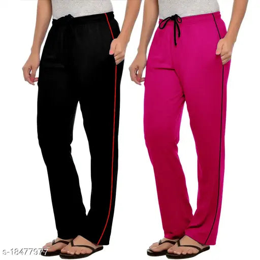 Stylcozy Women Black, Onion Pink Cotton Solid Regular Fit Lower Pajama Pack of 2