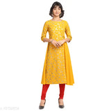 Women Poly Crepe A-line Printed Yellow Kurti