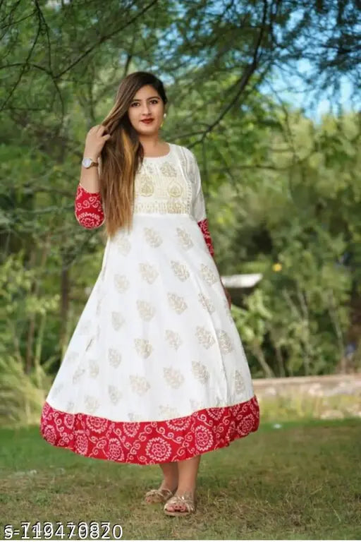 Jaipuri rayon white printed embroidered work long length anarkali kurta